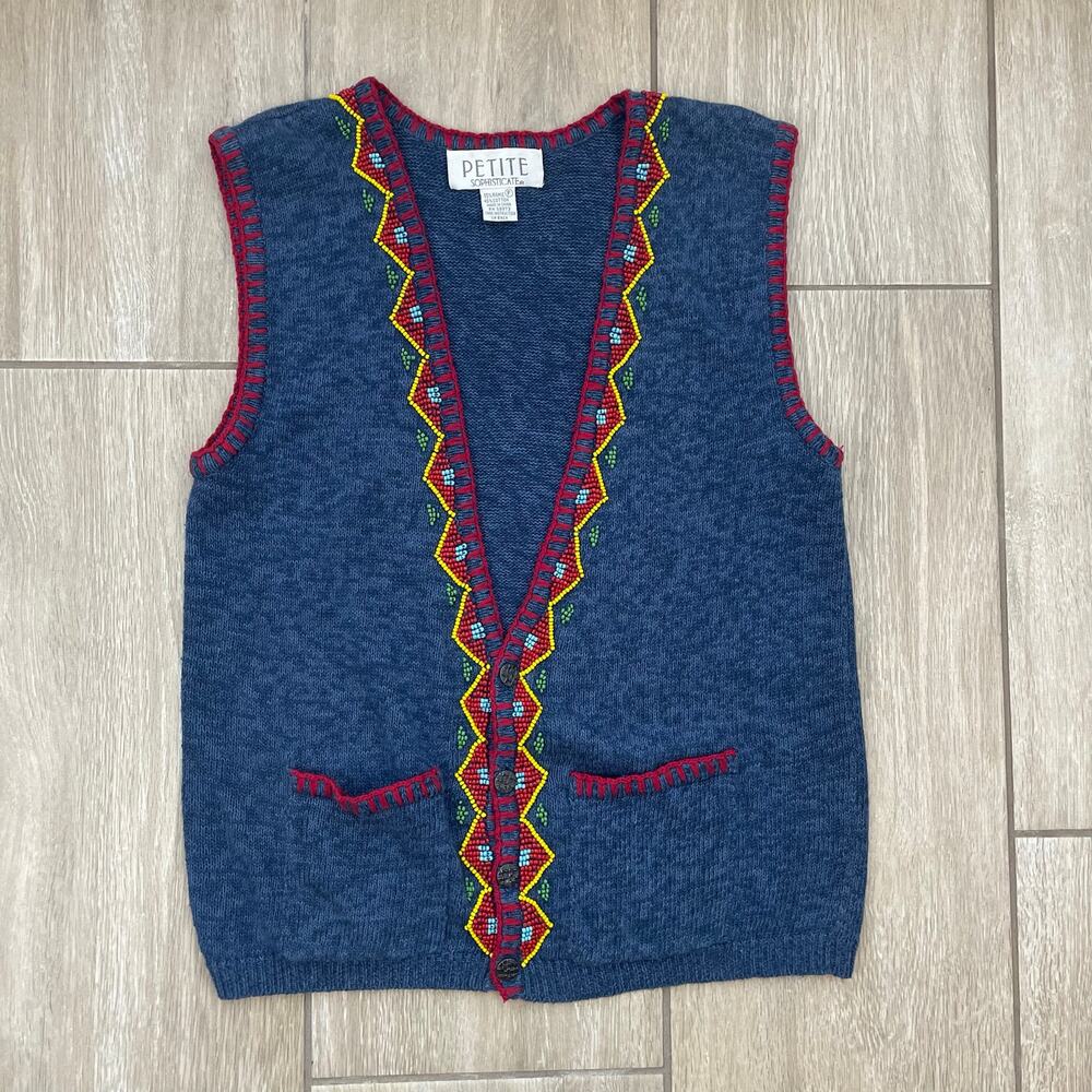 Vintage Petite Sophisticate Sweater Vest Womens P Blue Beaded Boho Western 90s
